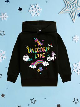 Nusyl - Girls Fleece Warm Graphic Printed Pullover Hoodie - Black