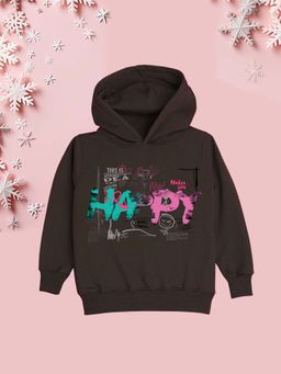 Nusyl - Girls Fleece Warm Typography Pullover Hoodie - Brown