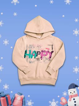 Nusyl - Girls Fleece Warm Typography Pullover Hoodie - Beige