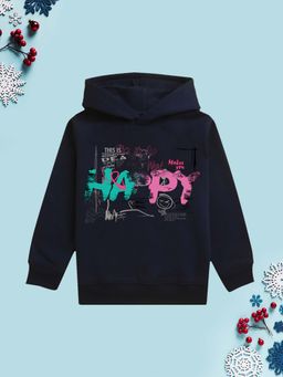 Nusyl - Girls Fleece Warm Typography Pullover Hoodie - Navy Blue