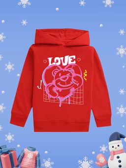 Nusyl - Girls Fleece Warm Graphic Printed Pullover Hoodie - Red