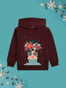 Nusyl - Girls Fleece Graphic Printed Warm Pullover Hoodie - Burgundy