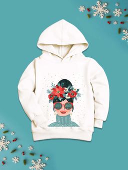 Nusyl - Girls Fleece Graphic Printed Warm Pullover Hoodie - White