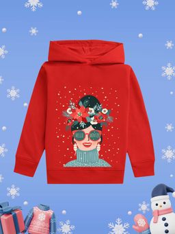 Nusyl - Girls Fleece Graphic Printed Warm Pullover Hoodie - Red