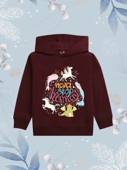 Nusyl - Girls Fleece Graphic Printed Warm Pullover Hoodie - Burgundy