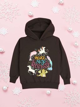 Nusyl - Girls Fleece Graphic Printed Warm Pullover Hoodie - Dark Brown