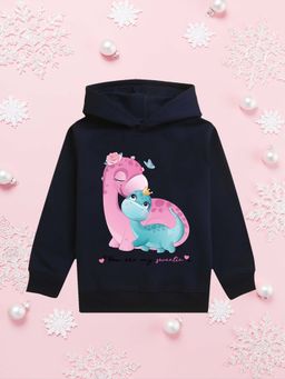Nusyl - Girls Fleece Graphic Printed Warm Pullover Hoodie - Navy Blue