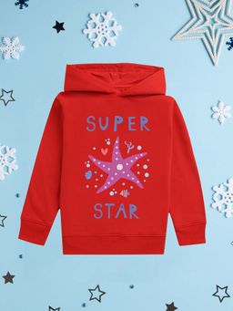 Nusyl - Girls Fleece Graphic Printed Warm Pullover Hoodie - Red