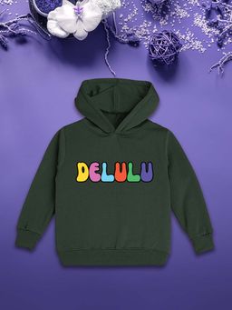 Nusyl - Girls Fleece Warm Typography Printed Pullover Hoodie - Olive