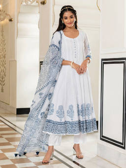 EverBloom - Rimjhim White Handblock Printed Kalidar Kurta With Pant & Dupatta (Set of 3)