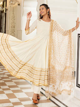 EverBloom - Zahrat Light Brown Handblock Printed Flared Kurta With Pant & Dupatta (Set of 3)