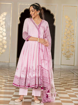 EverBloom - Zoya Light Pink Handblock Printed Angarkha Kurta With Pant & Dupatta (Set of 3)
