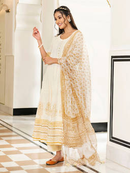 EverBloom - Riwayat Light Brown Handblock Printed Kalidar Kurta With Pant & Dupatta (Set of 3)