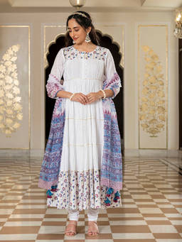 EverBloom - Kaavish White Handblock Printed Flared Kurta With Churidar & Dupatta (Set of 3)