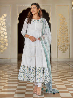 EverBloom - Kasturi White Handblock Printed Flared Kurta With Churidar & Dupatta (Set of 3)