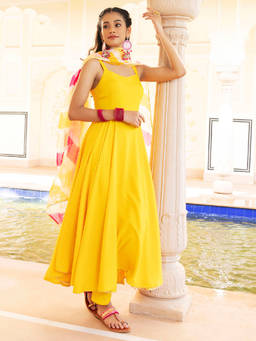 EverBloom - Acacia Lehariya Yellow Flared Kurta With Pant & Dupatta (Set of 3)