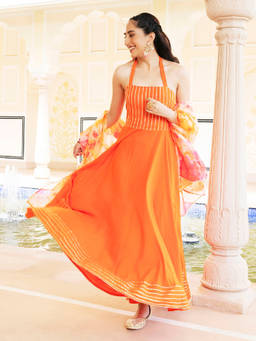EverBloom - Pancy Orange Flared Kurta With Pant & Dupatta (Set of 3)