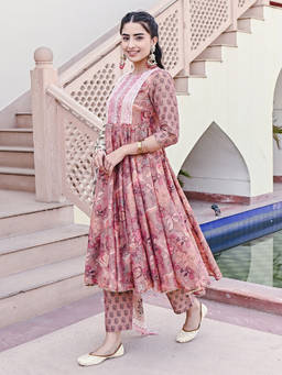 EverBloom - Dahlia Printed Light Orange Embroidered Flared Kurta With Pant & Dupatta (Set of 3)