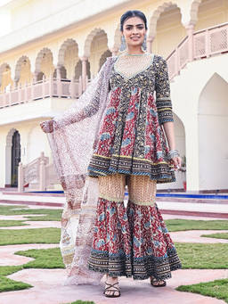 EverBloom - Mehrab Printed Maroon Embroidered Flared Kurta & Sharara (Set of 3)