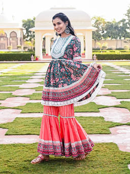 EverBloom - Pashto Printed Deep Green-pink Embroidered Flared Kurta & Sharara (Set of 3)