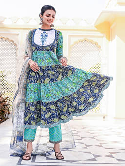 EverBloom - Jade Printed Blue-green Embroidered Tiered Kurta With Pant & Dupatta (Set of 3)