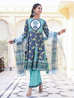EverBloom - Kajri Printed Green Kalidar Embroidered Kurta With Pant & Dupatta (Set of 3)