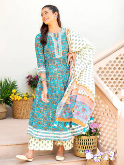 EverBloom - Nazreen Printed Blue Embroidered Flared Kurta With Pant & Dupatta (Set of 3)