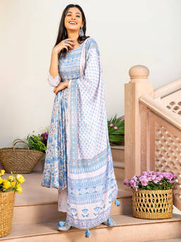 EverBloom - Gauhar Light Blue Embroidered Flared Kurta With Pant & Dupatta (Set of 3)