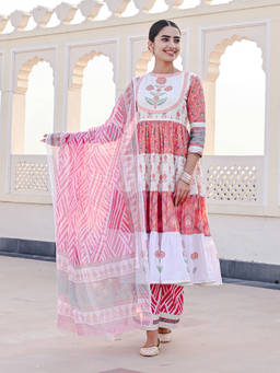 EverBloom - Khwab Printed Red-white Sequins Flared Kurta With Wide-leg Pant & Dupatta (Set of 3)