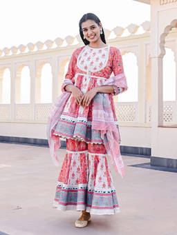 EverBloom - Runjhun Printed Red-white Flared Kurta With Sharara & Dupatta (Set of 3)