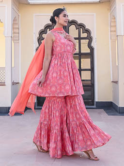 EverBloom - Reza Printed Red Sleeveless Sequins Falred Kurta With Sharara & Dupatta (Set of 3)