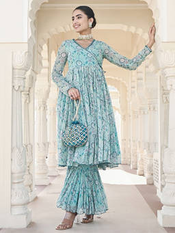 EverBloom - Noor Printed Blue Sequins Angrakha Flared Kurta & Sharara (Set of 3)