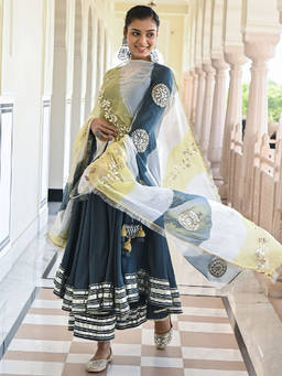EverBloom - Maddham Solid Grey Angarkha Flared Kurta With Pant & Gota Patti Dupatta (Set of 3)