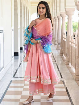 EverBloom - Baari Peach Flared Gota Kurta With Pant & Tie-dye Dupatta (Set of 3)