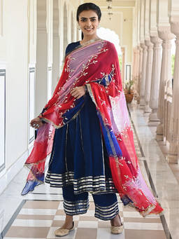 EverBloom - Gauri Deep Blue Flared Gota Kurta With Sharara & Dupatta (Set of 3)