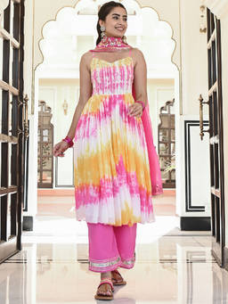 EverBloom - Manchali Yellow-pink Embroidered Kurta With Pant & Gota Patti Dupatta (Set of 3)