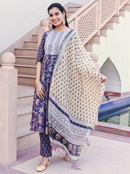 EverBloom - Shagan Printed Blue Sequins Flared Kurta With Pant & Dupatta (Set of 3)