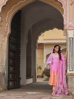 EverBloom - Falak Pink & Orange Ombre Block Printed Long Kurta With Pant And Dupatta (Set of 3)