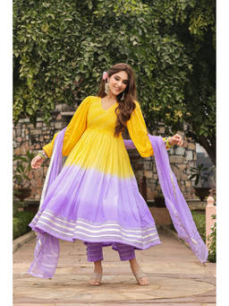 EverBloom - Ashmi Yellow Lavender Ombre Gota Lace Kurta With Pant & Dupatta (Set of 3)
