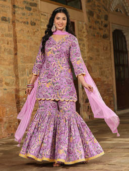 EverBloom - Neel Kamal Lavender Scalloped Kurta With Sharara And Dupatta (Set of 3)
