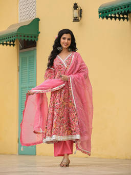 EverBloom - Mehar Anarkali Floral Printed Gathered Suit Set With Palazzo And Dupatta (Set of 3)