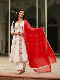 EverBloom - Eira White Alia Cut Paneled Long Flared Kurta With Pant And Dupatta (Set of 3)