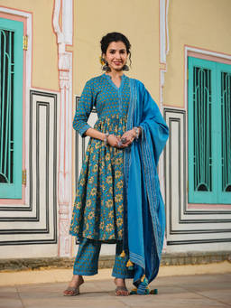 EverBloom - Waani Blue Gathered Suit With Pant And Dupatta (Set of 3)