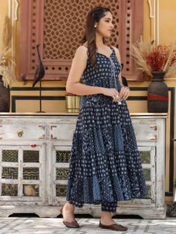EverBloom - Anika Printed Blue Flared Kurta with Pant (Set of 2)