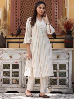 EverBloom - Raina Beige Yarn Dyed Embroidered Co-ord (Set of 2)