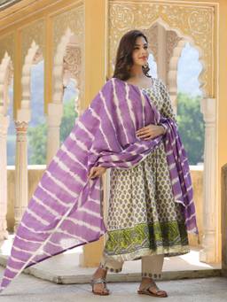 EverBloom - Barkha Block Printed Off White Anarkali Kurta with Pant & Dupatta (Set of 3)