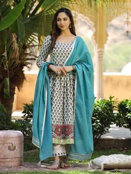 EverBloom - Chhavi Block Printed Off White Anarkali Kurta with Pant & Dupatta (Set of 3)