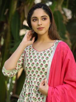 EverBloom - Mirza Block Printed Off White Anarkali Kurta with Pant & Dupatta (Set of 3)