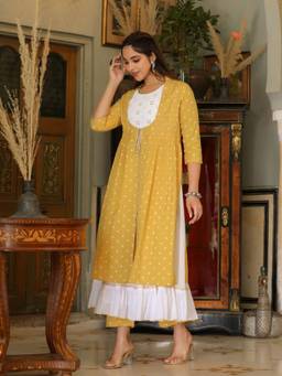 EverBloom - Saira White Tiered Kurta & Yellow Printed Shrug with Pant (Set of 3)