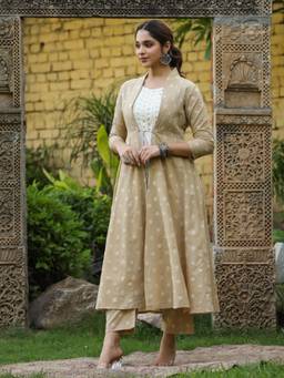 EverBloom - Hayat Kalidar White Kurta & Beige Printed Shrug with Pant (Set of 3)
